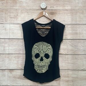 Express XSmall Black white Skull Lace Back Shirt